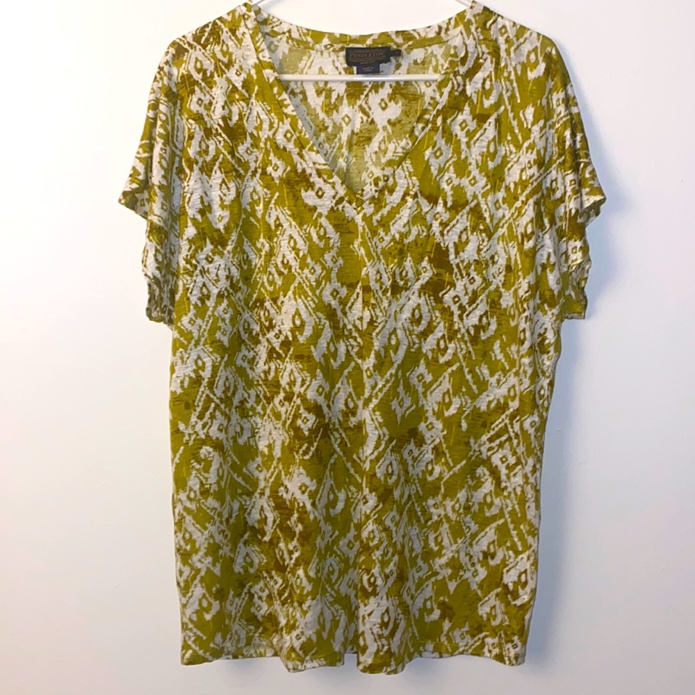 Large Pendleton Yellow Printed Linen V-Neck Short Sleeve Top